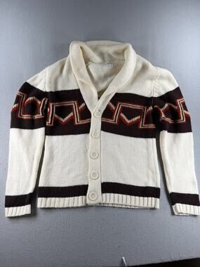 Vintage Country Acrylic Cardigan Sweater Geometric Shawl Collar Cream Brown Red